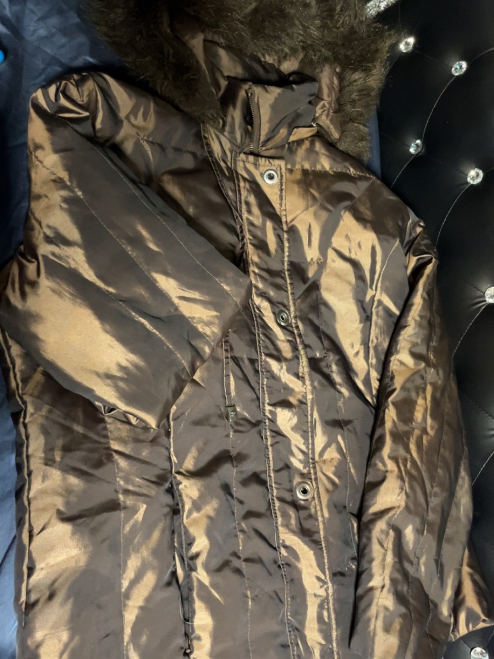 Northcrest Shiny Brown Quilted Hooded Puffer Coat with Faux Fur Trim